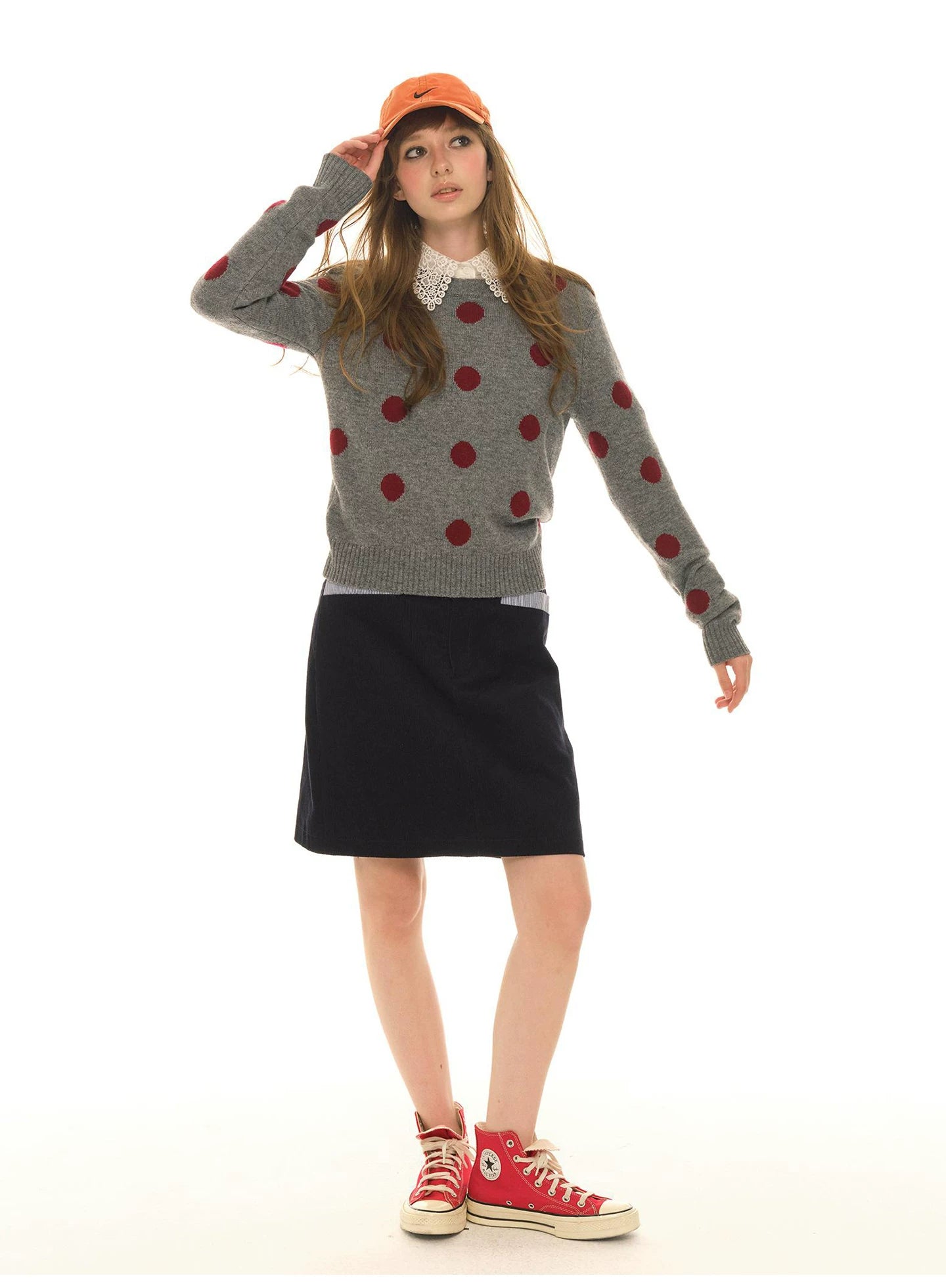 Retro contrasting color polka dot wool sweater women's spring and autumn new round neck loose sweet cool knitted sweater