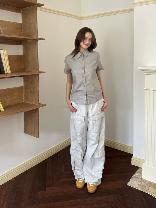 American retro washed old sweet and spicy girl short slim-fit front shoulder short-sleeved shirt