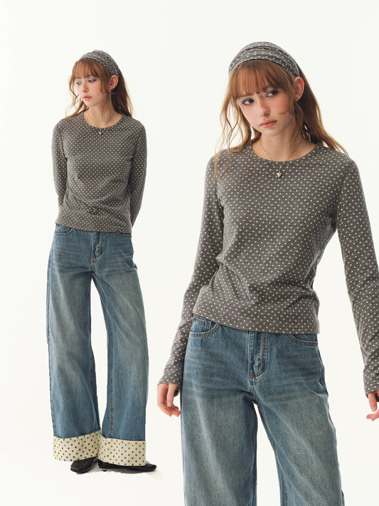 Double-sided retro polka dot bottoming shirt women's gray long-sleeved T-shirt top