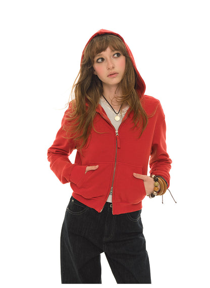 American retro red short coat women's autumn sports long-sleeved zipper sweater