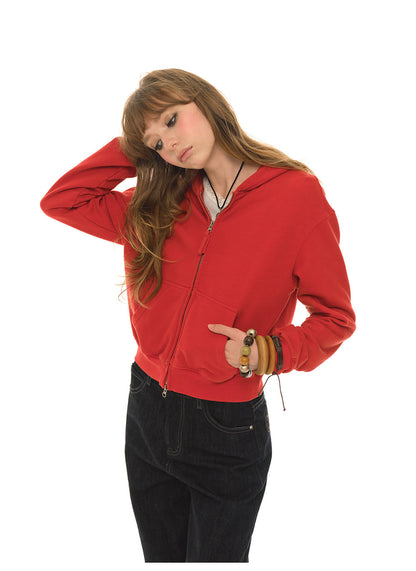 American retro red short coat women's autumn sports long-sleeved zipper sweater