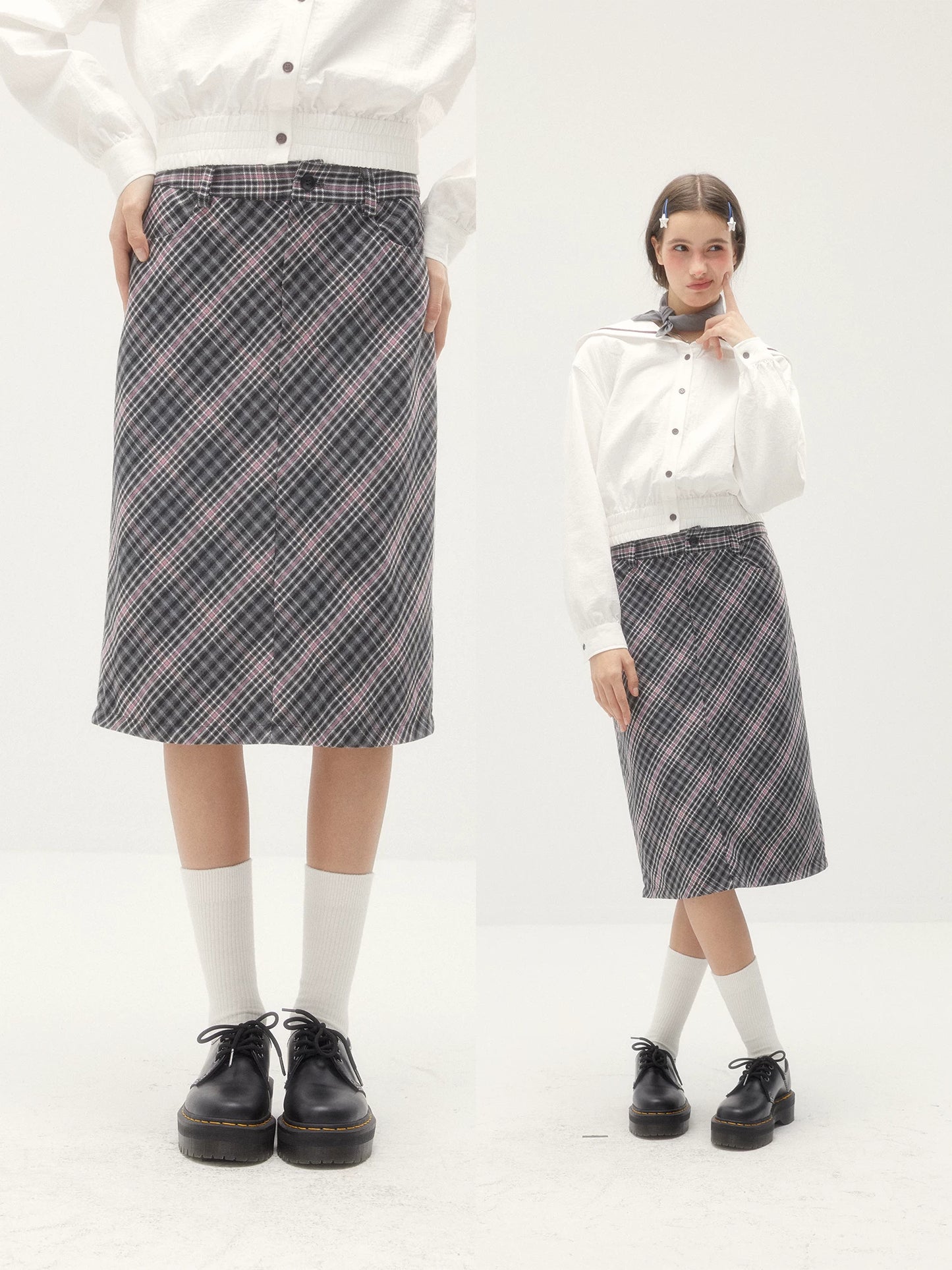 Wool Plaid Midi Skirt - Retro