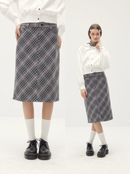 Wool Plaid Midi Skirt - Retro