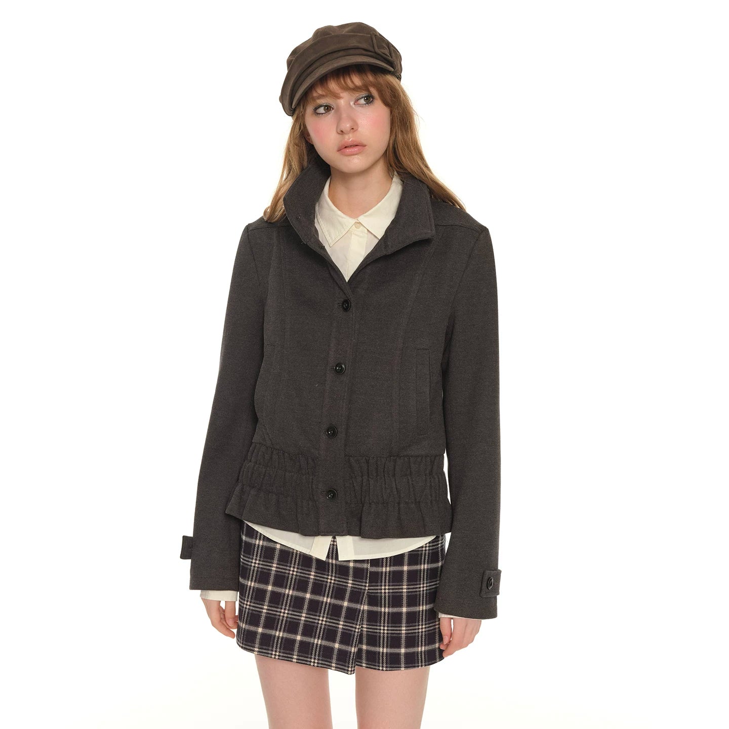 Retro stand-up collar, front shoulder slim-fitting waist woolen coat, women's spring and autumn new short small blazer