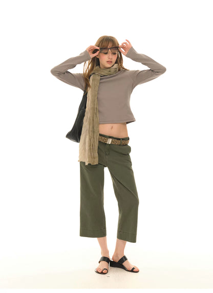 Retro military green straight slim cropped cargo pants, versatile casual wide-leg pants