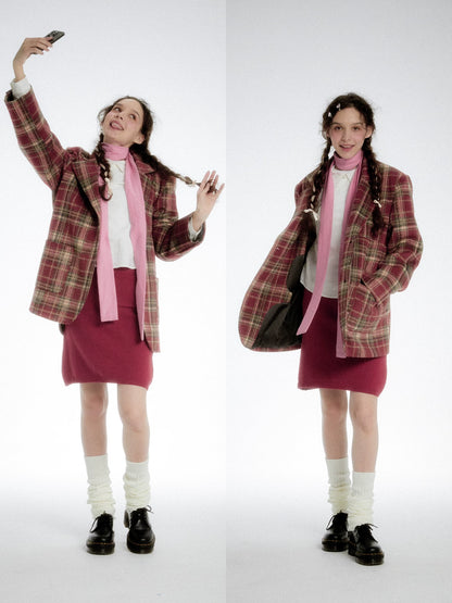 Plaid Wool Blazer - Red