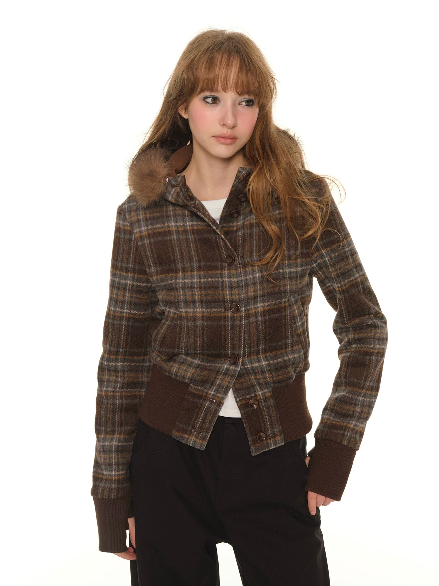 American retro short plaid cotton clothes women's spring and autumn fleece thickened warm tight cotton coat