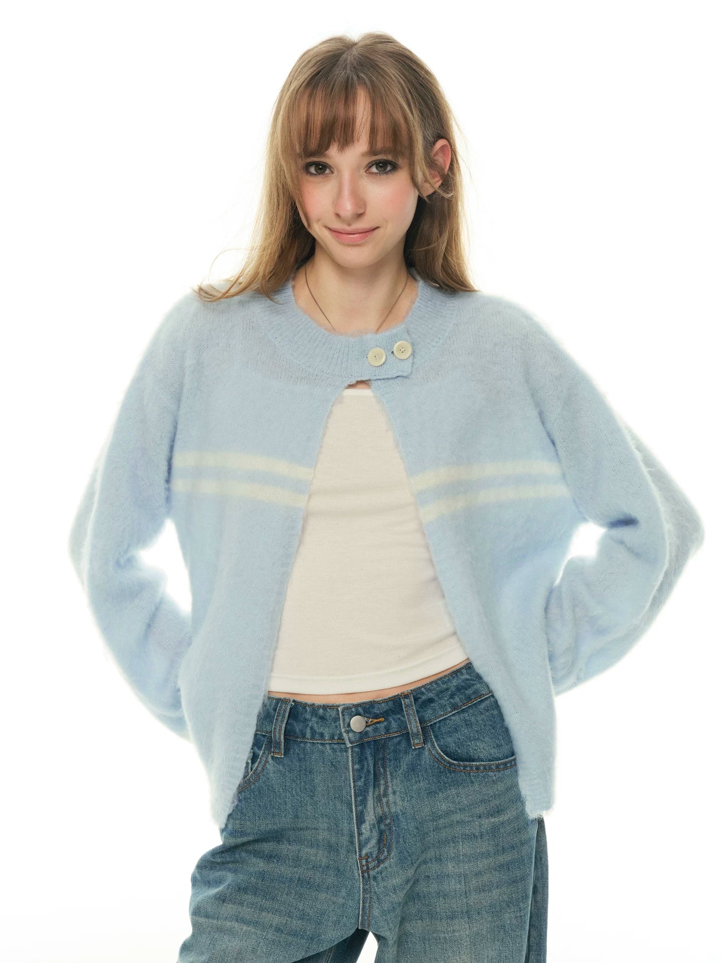 Heartbeat Theater Wool/blend warm and soft waxy blue cardigan sweater women's lazy knitted top