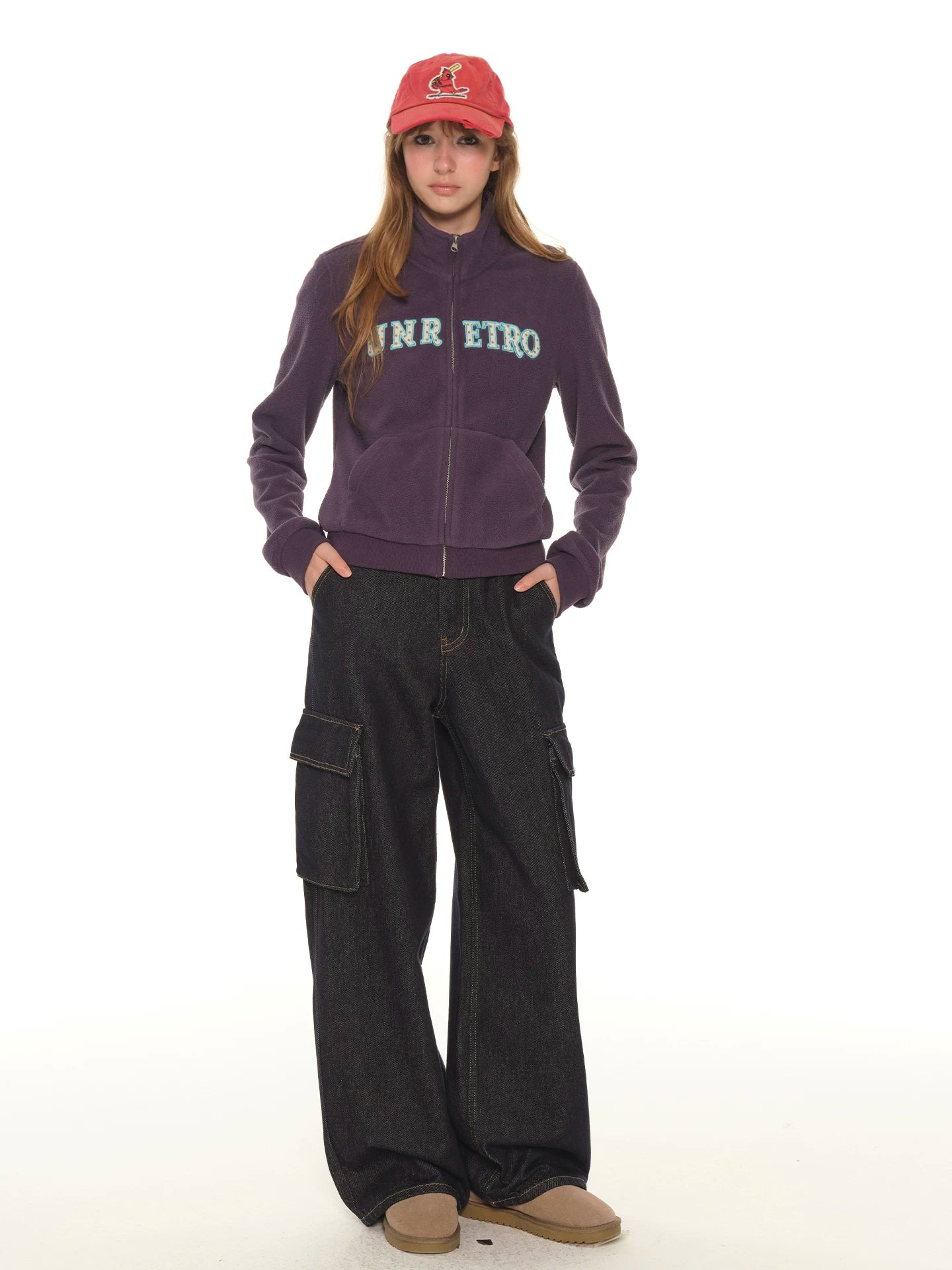 American retro embroidered stand-up collar short purple sweater women's spring and autumn new zipper slim jacket