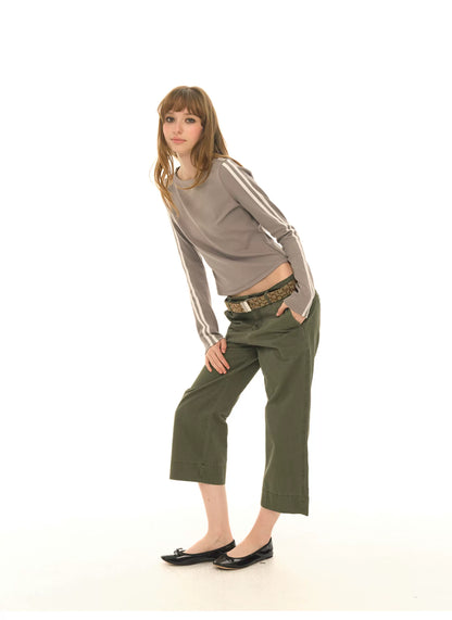 Retro military green straight slim cropped cargo pants, versatile casual wide-leg pants