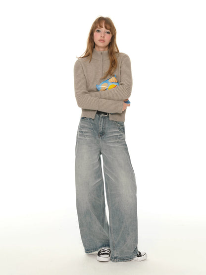 Wide-Leg Straight Jeans - Light Blue