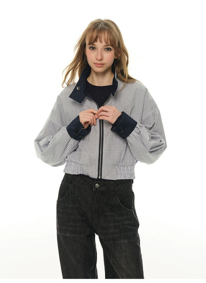 Double-sided short jacket women's spring and autumn stand-up collar small long-sleeved tooling jacket