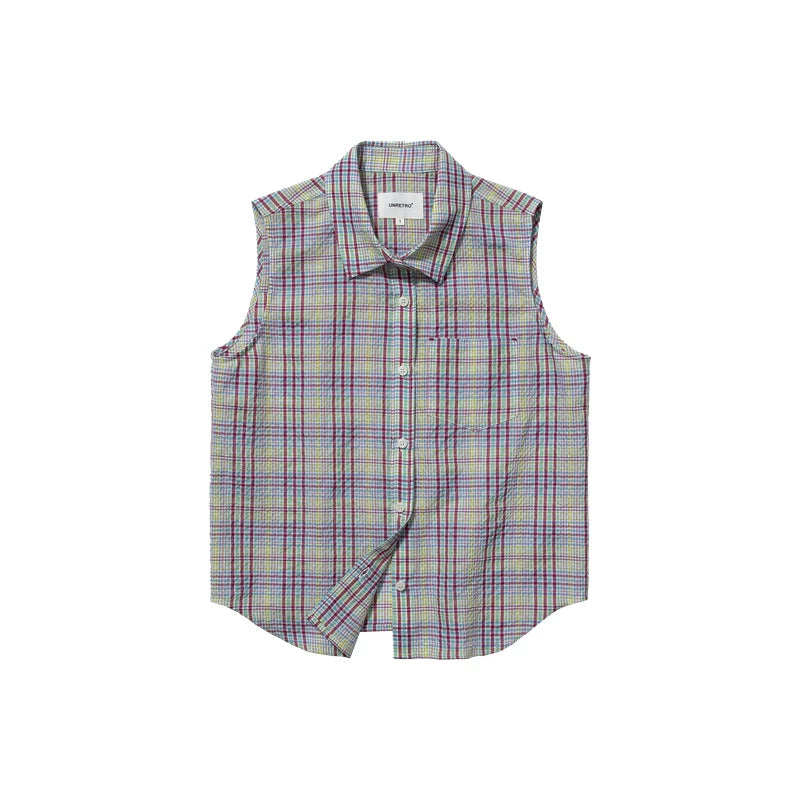 Bubble wrinkle texture retro plaid sleeveless shirt Spice Girl slim-fit short shirt