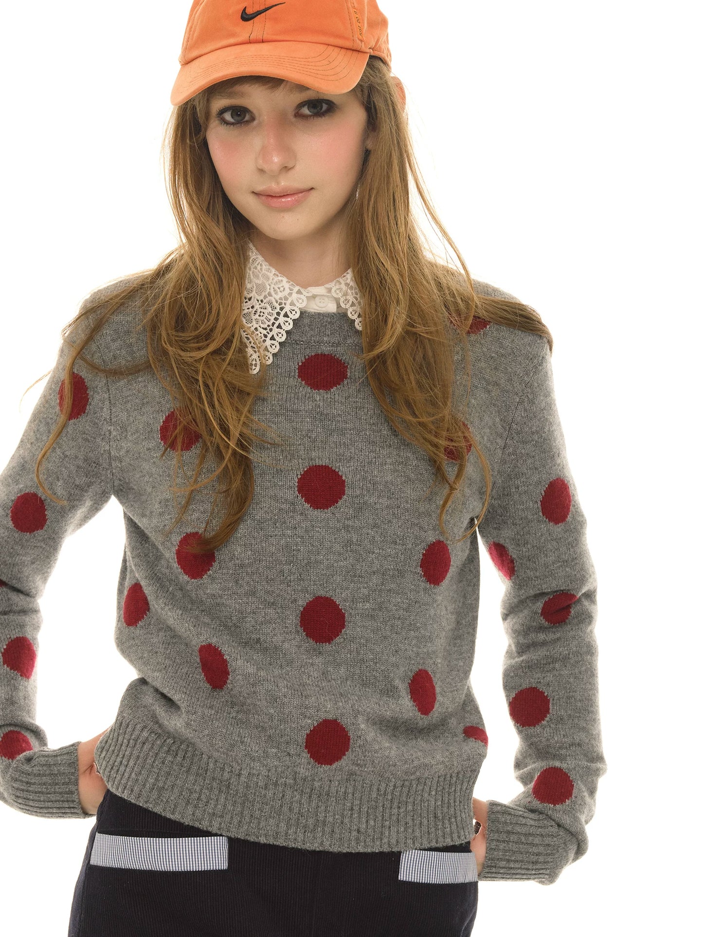 Retro contrasting color polka dot wool sweater women's spring and autumn new round neck loose sweet cool knitted sweater