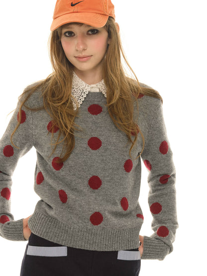 Retro contrasting color polka dot wool sweater women's spring and autumn new round neck loose sweet cool knitted sweater