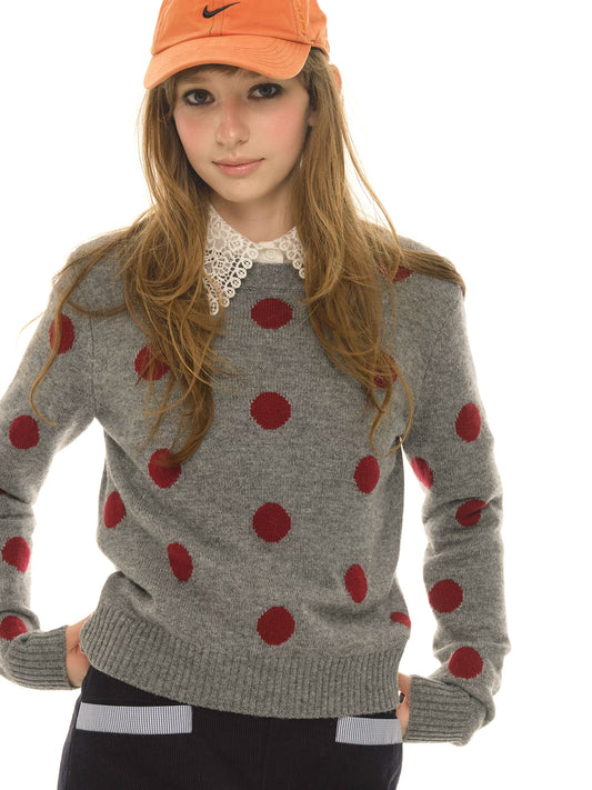 Retro contrasting color polka dot wool sweater women's spring and autumn new round neck loose sweet cool knitted sweater