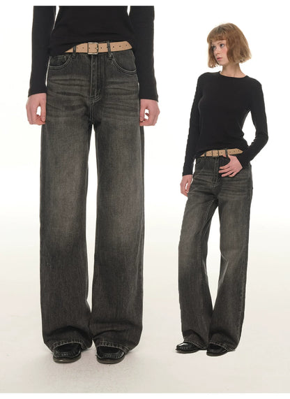 American retro washed old jeans women's winter high waist loose wide legs slightly pull casual pants