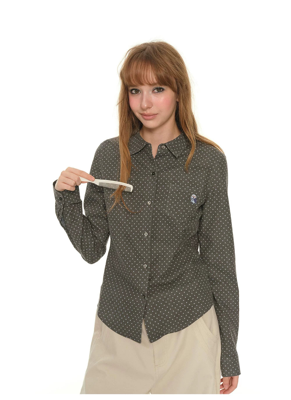 Heavy Industry Embroidery Owl Polka Dot Shirt Women's Autumn Retro Shoulder Polo Collar Long Sleeve Shirt