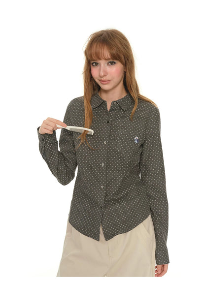 Heavy Industry Embroidery Owl Polka Dot Shirt Women's Autumn Retro Shoulder Polo Collar Long Sleeve Shirt