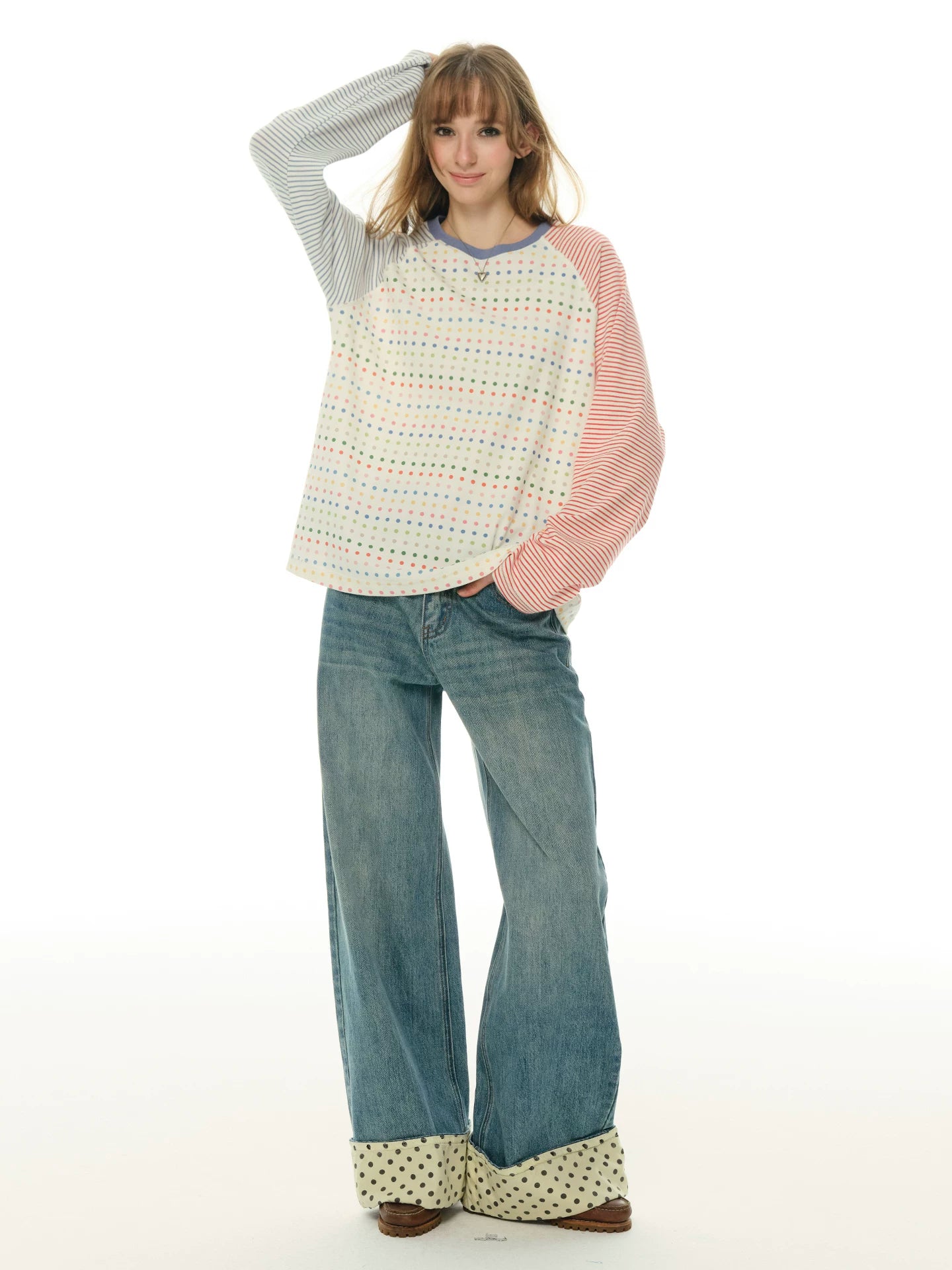 Polka dot girl red and blue contrasting color round neck splicing T-shirt women's spring and autumn long-sleeved striped personalized loose top