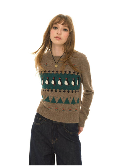 Wool Blended Coffee Jacquard Crew Neck Slim-Fit Knitted Sweater Women's Autumn New Fair Island Sweater