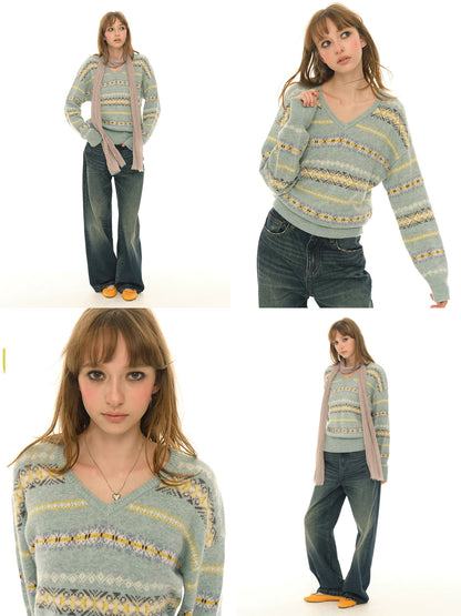 Wool Blended/Vintage Green Loose Lazy Sweater Fair Island Jacquard Inside Knitted Sweater Women