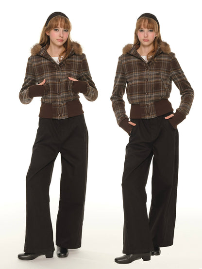 American retro short plaid cotton clothes women's spring and autumn fleece thickened warm tight cotton coat