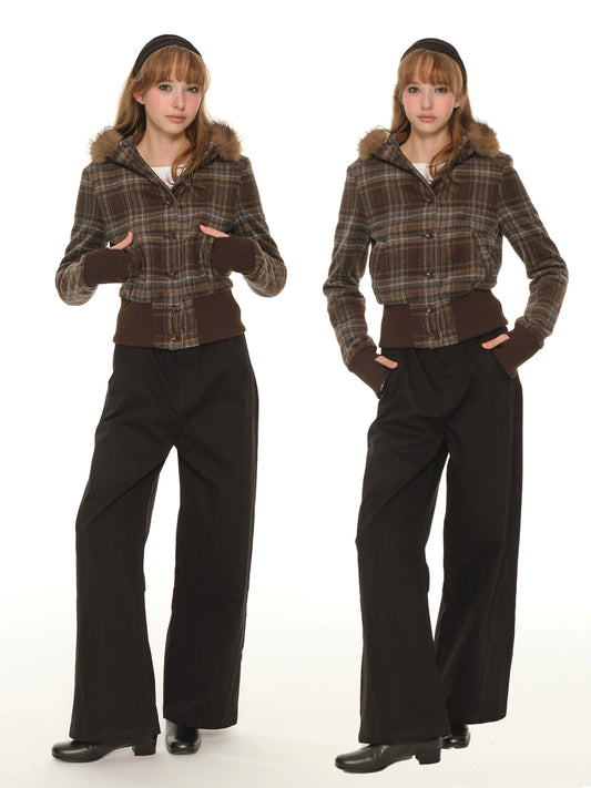 American retro short plaid cotton clothes women's spring and autumn fleece thickened warm tight cotton coat