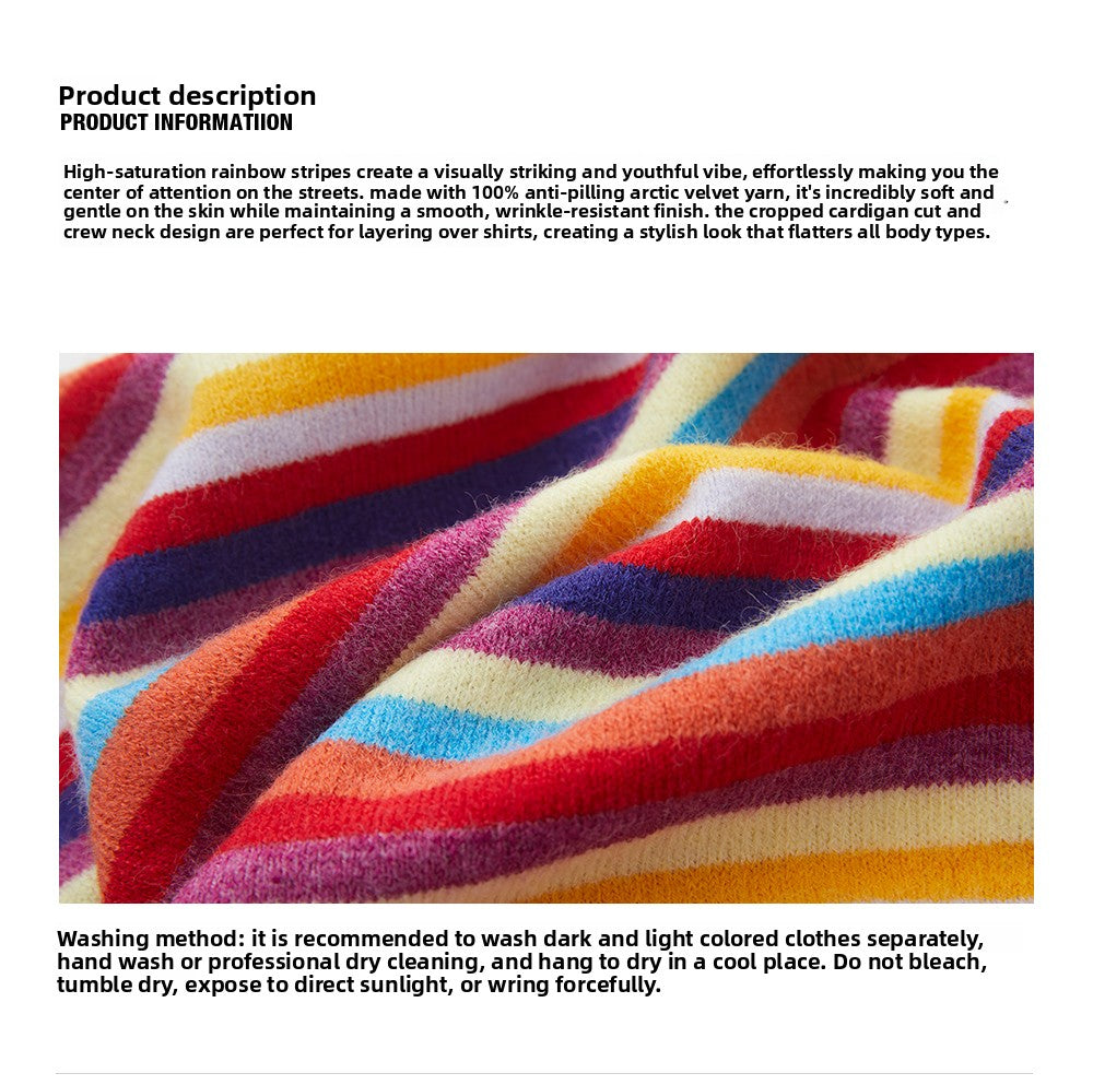 Rainbow Dopamine, Striped Long Sleeve Sweater Women's Spring and Autumn Temperament American Short Knitted Sweater Top