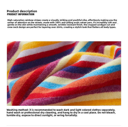 Rainbow Dopamine, Striped Long Sleeve Sweater Women's Spring and Autumn Temperament American Short Knitted Sweater Top