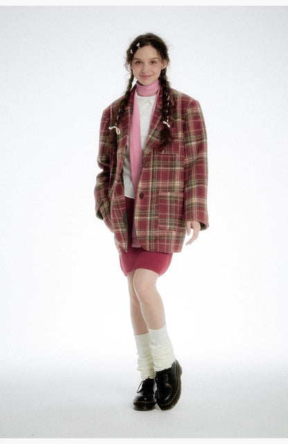 Plaid Wool Blazer - Red