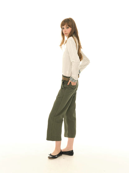 Retro military green straight slim cropped cargo pants, versatile casual wide-leg pants