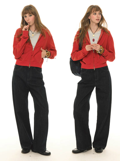 American retro red short coat women's autumn sports long-sleeved zipper sweater