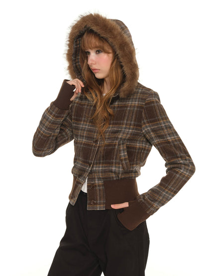 American retro short plaid cotton clothes women's spring and autumn fleece thickened warm tight cotton coat