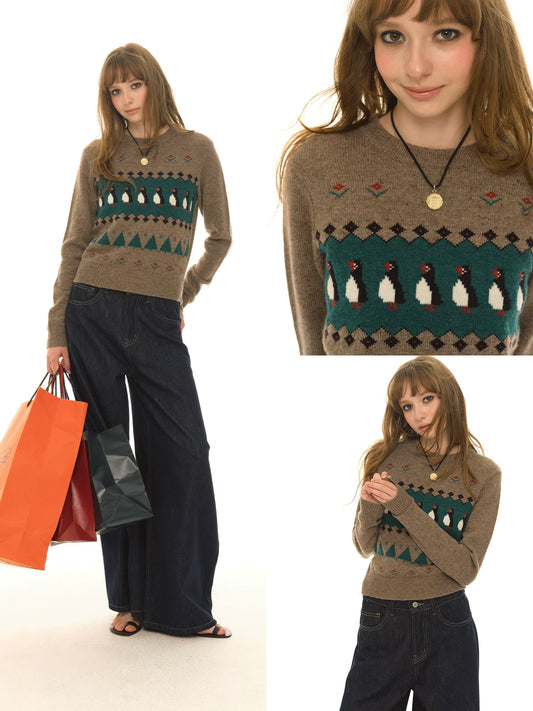 Wool Blended Coffee Jacquard Crew Neck Slim-Fit Knitted Sweater Women's Autumn New Fair Island Sweater