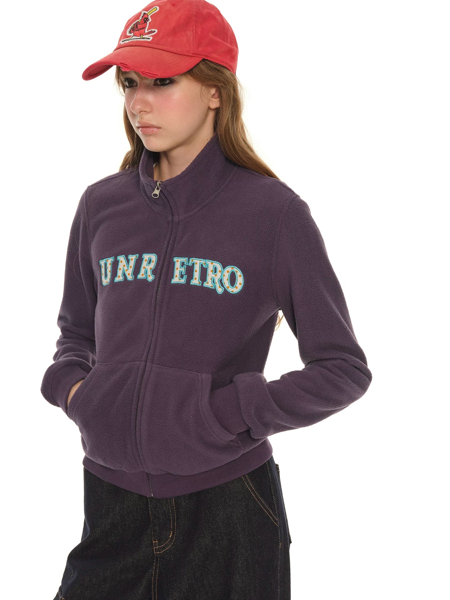 American retro embroidered stand-up collar short purple sweater women's spring and autumn new zipper slim jacket