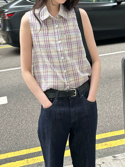 Bubble wrinkle texture retro plaid sleeveless shirt Spice Girl slim-fit short shirt