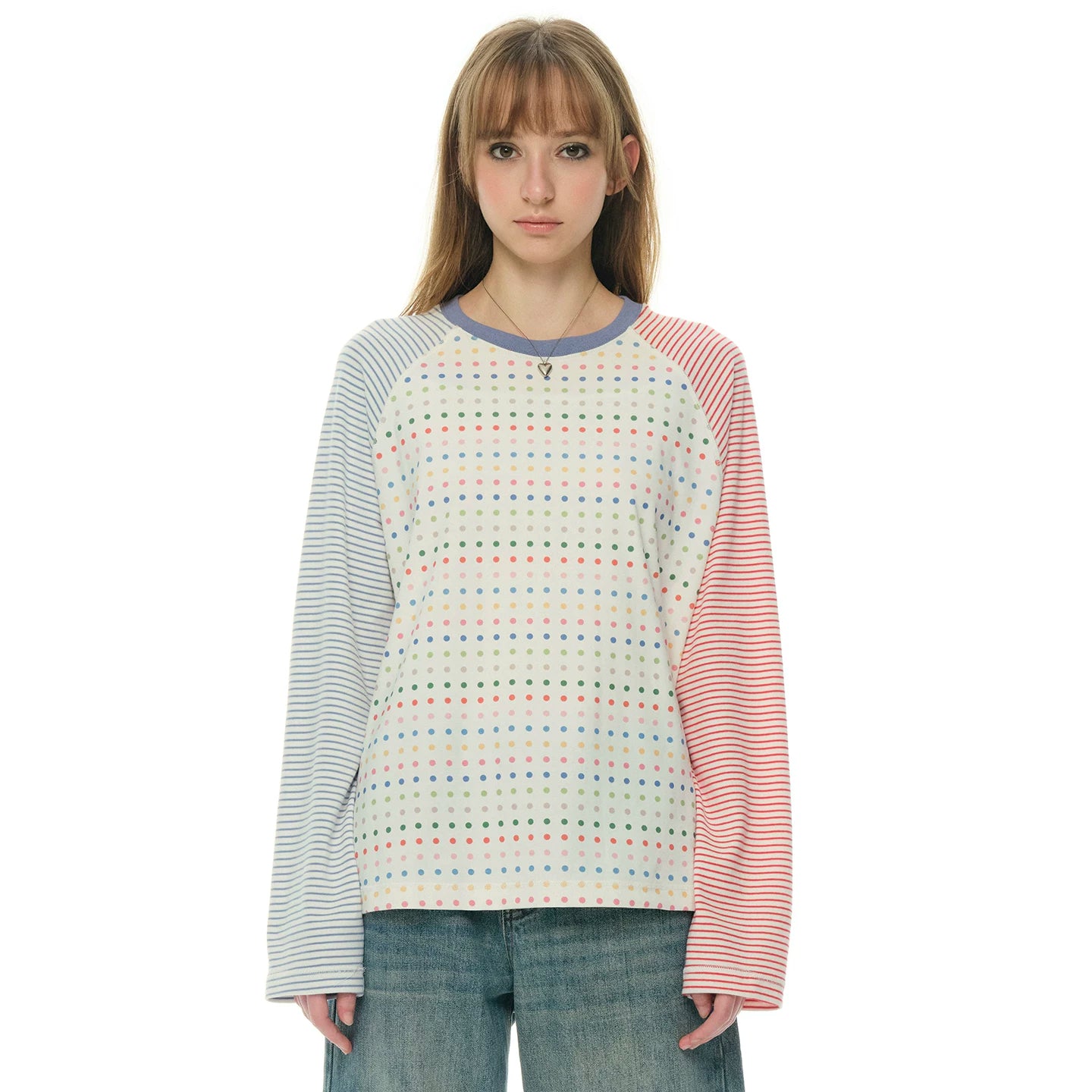 Polka dot girl red and blue contrasting color round neck splicing T-shirt women's spring and autumn long-sleeved striped personalized loose top