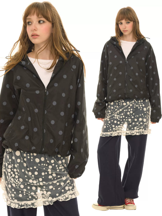Vintage polka dot print outdoor sports short jacket women's autumn loose hooded jacket