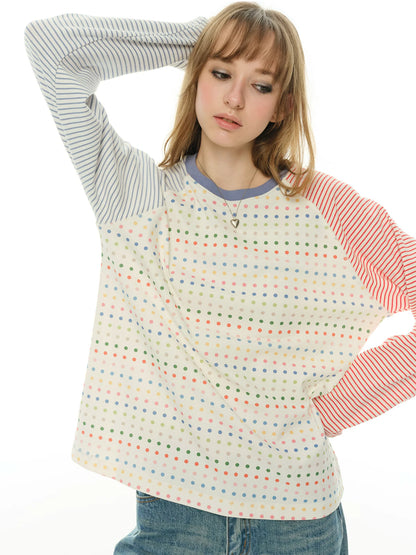 Polka dot girl red and blue contrasting color round neck splicing T-shirt women's spring and autumn long-sleeved striped personalized loose top