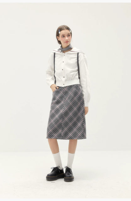Wool Plaid Midi Skirt - Retro