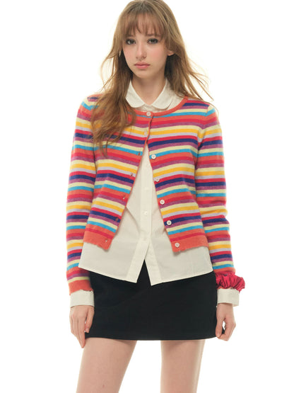 Rainbow Dopamine, Striped Long Sleeve Sweater Women's Spring and Autumn Temperament American Short Knitted Sweater Top