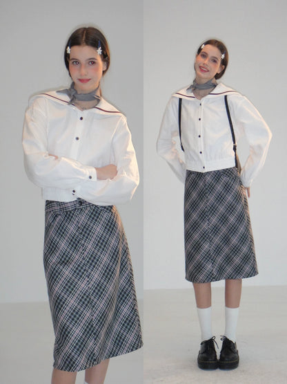 Wool Plaid Midi Skirt - Retro