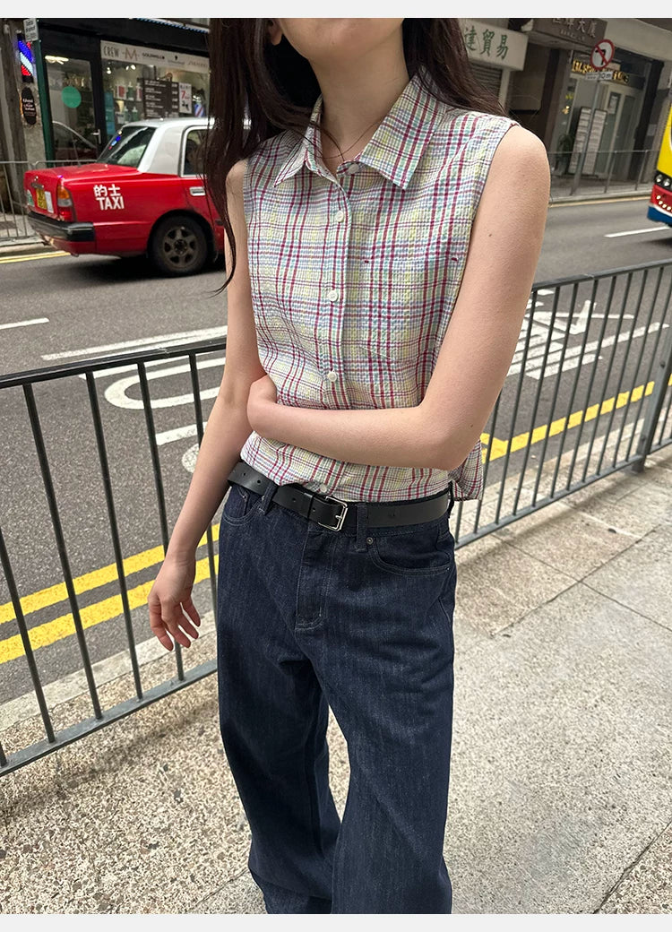 Bubble wrinkle texture retro plaid sleeveless shirt Spice Girl slim-fit short shirt