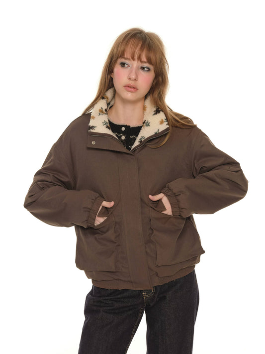 Front and back two wear stand-up collar lamb wool coat women's winter retro printing warm cotton jacket top