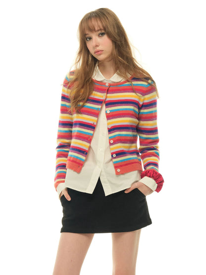 Rainbow Dopamine, Striped Long Sleeve Sweater Women's Spring and Autumn Temperament American Short Knitted Sweater Top