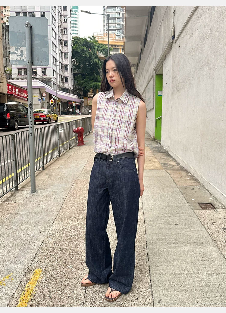 Bubble wrinkle texture retro plaid sleeveless shirt Spice Girl slim-fit short shirt