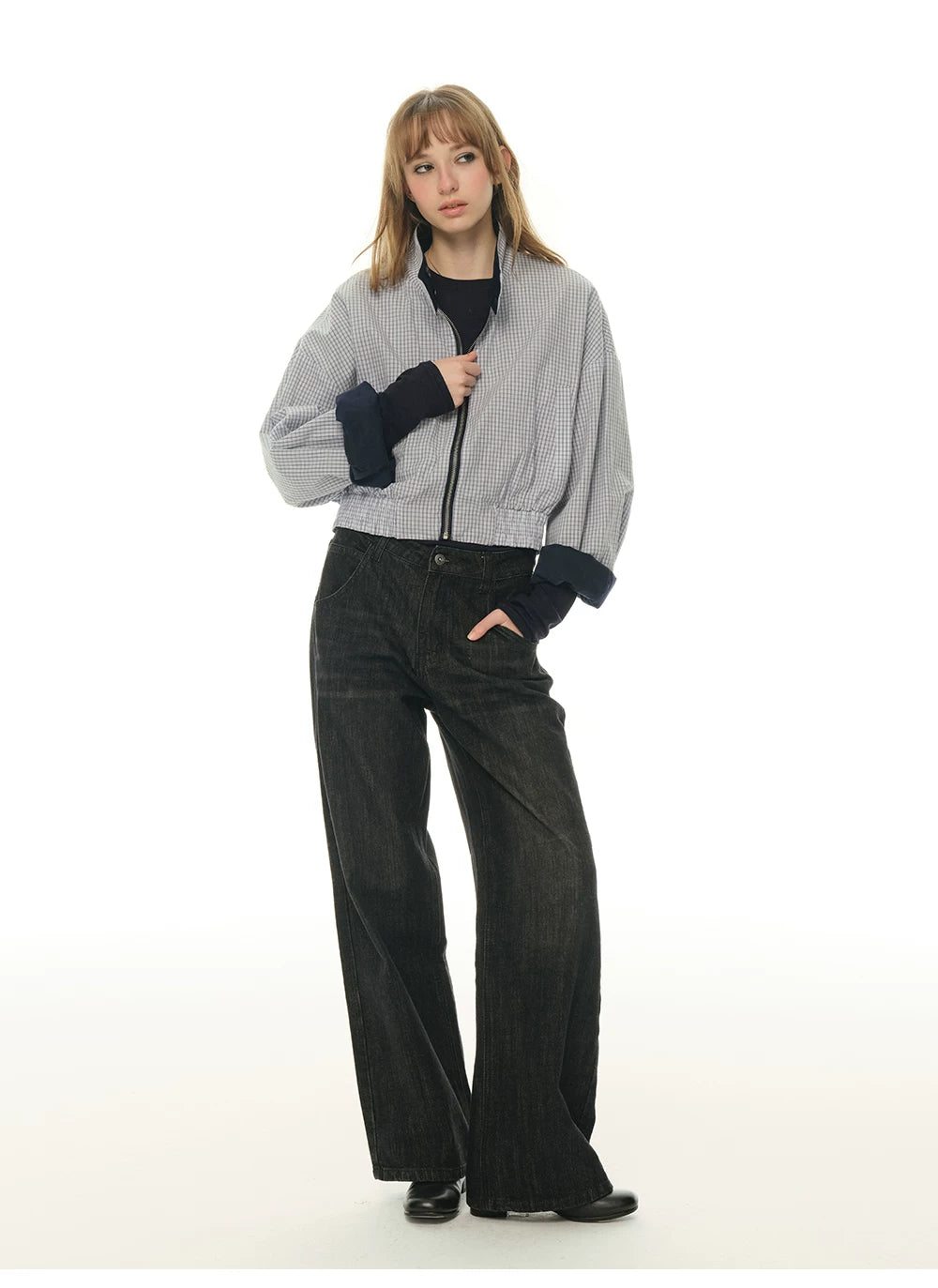 Double-sided short jacket women's spring and autumn stand-up collar small long-sleeved tooling jacket