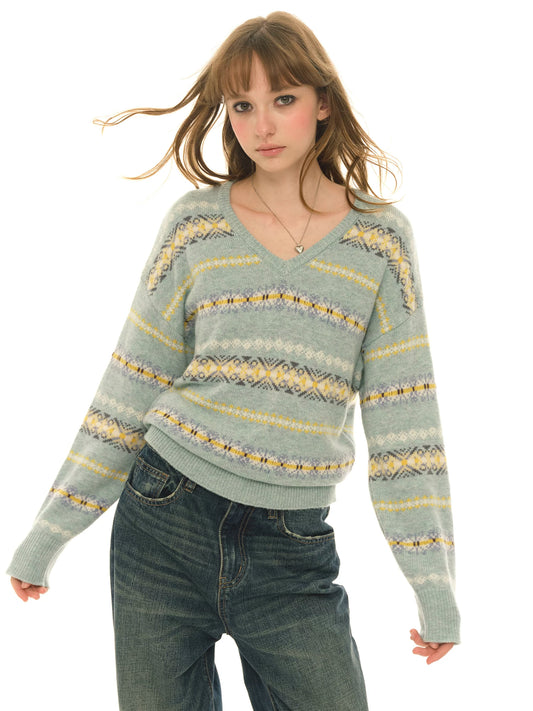 Wool Blended/Vintage Green Loose Lazy Sweater Fair Island Jacquard Inside Knitted Sweater Women