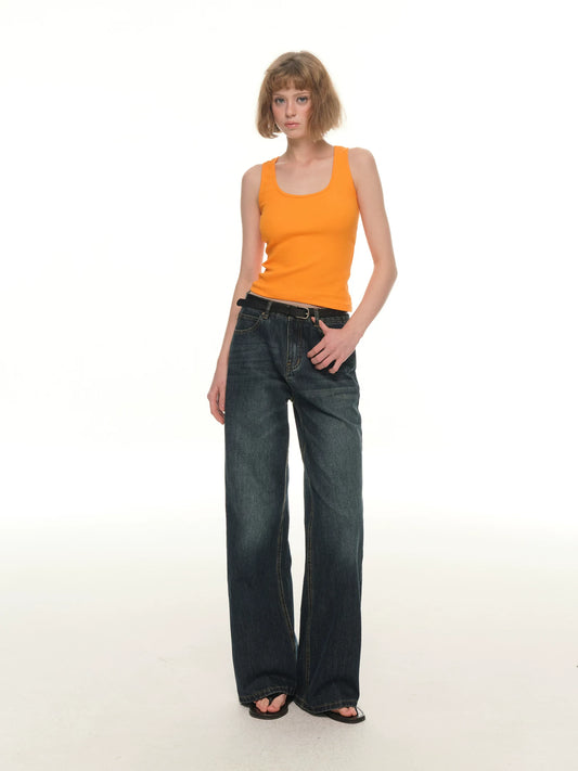 High-Waist Washed Straight Jeans